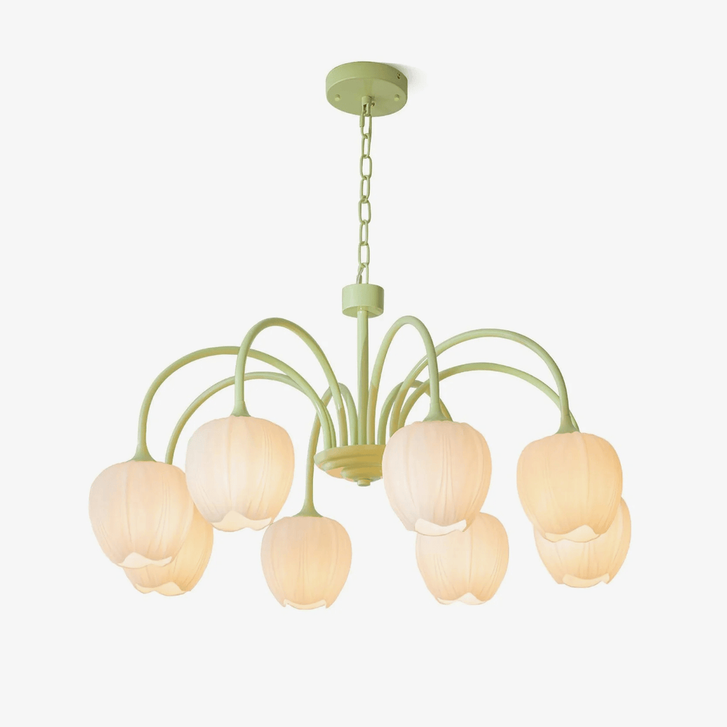 Green Tulip Chandelier for Dining Room & Living Room – Matcha Glass Shade LED Ceiling Light, Modern Floral Entryway Statement Chandelier