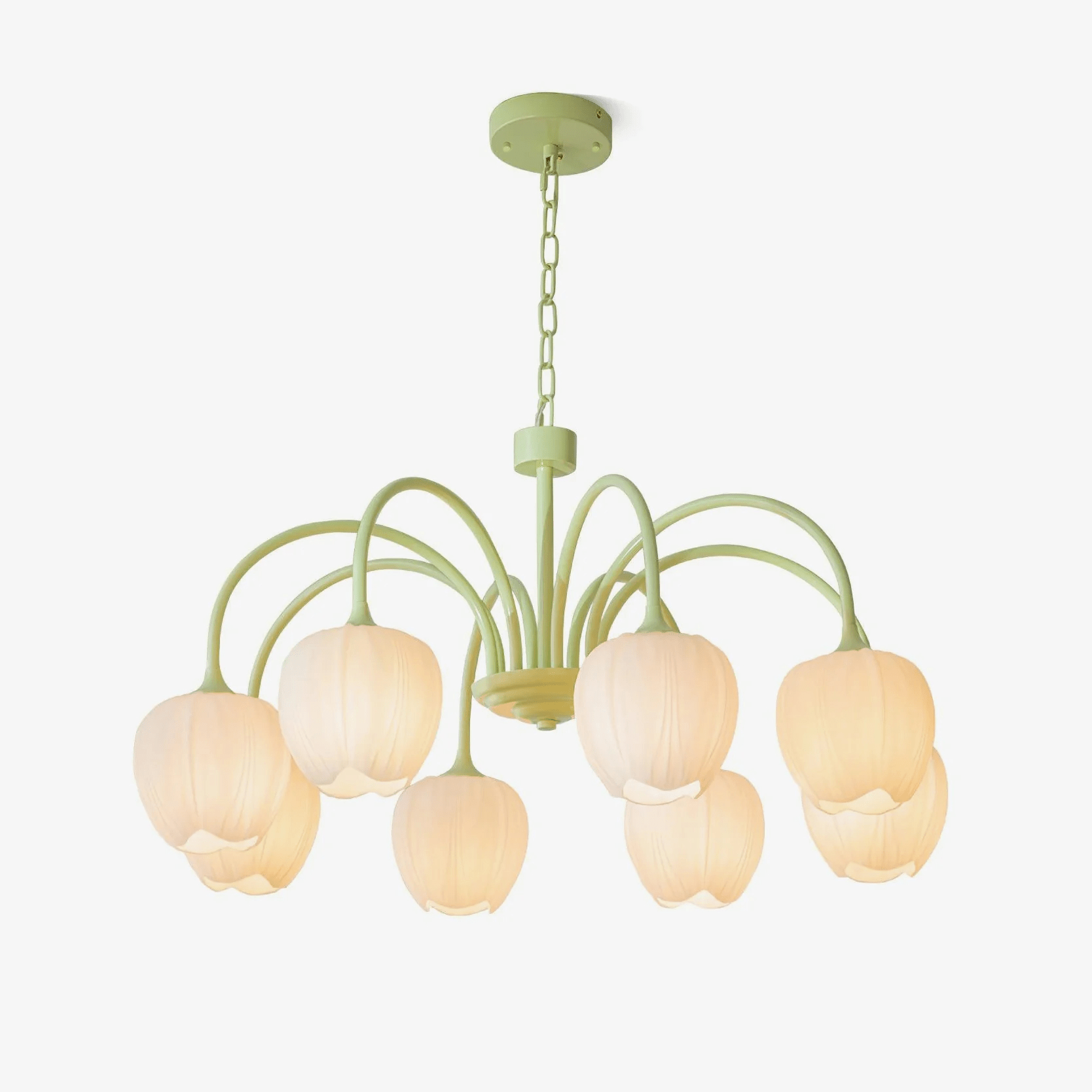 Green Tulip Chandelier for Dining Room & Living Room – Matcha Glass Shade LED Ceiling Light, Modern Floral Entryway Statement Chandelier