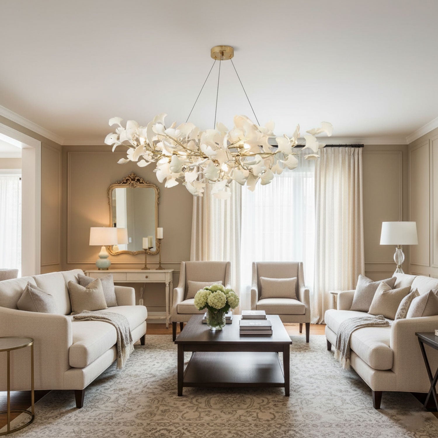 Ginkgo Leaf Chandelier for Dining Room & Living Room – Brass Sculptural LED Statement Chandelier, Modern Foyer & Stairwell Ceiling Light