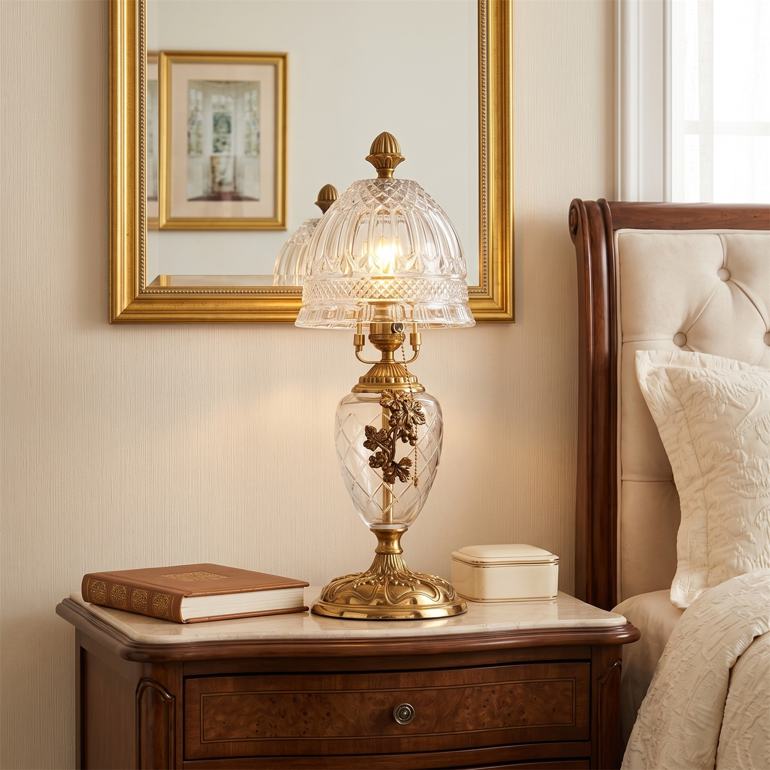Brass Table Lamp for Bedroom & Living Room – Vintage Cut-Glass Shade Accent Lamp, Ornate Dimmable Bedside & Entryway Table Light