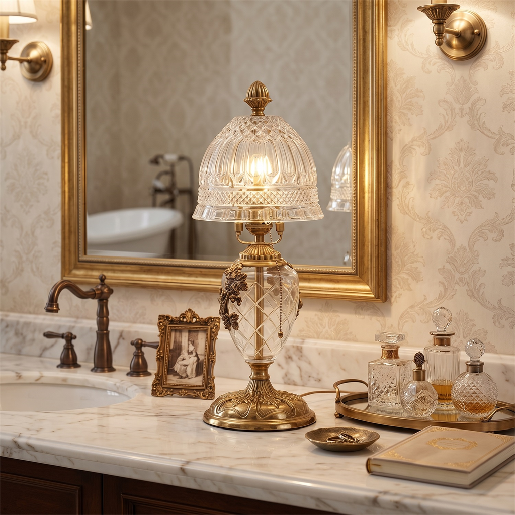 Brass Table Lamp for Bedroom & Living Room – Vintage Cut-Glass Shade Accent Lamp, Ornate Dimmable Bedside & Entryway Table Light