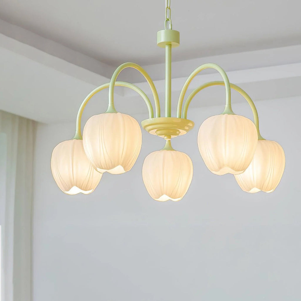Green Tulip Chandelier for Dining Room & Living Room – Matcha Glass Shade LED Ceiling Light, Modern Floral Entryway Statement Chandelier